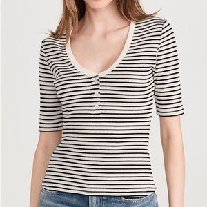 Joe’s Jeans Black & White Striped Ribbed Henley Top Size L